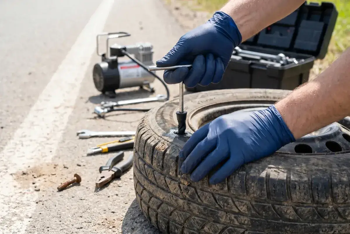 Réparation de pneu sur le bord de la route. Outils et compresseur visibles. Le prix de la réparation pneu est souvent inférieur au remplacement.