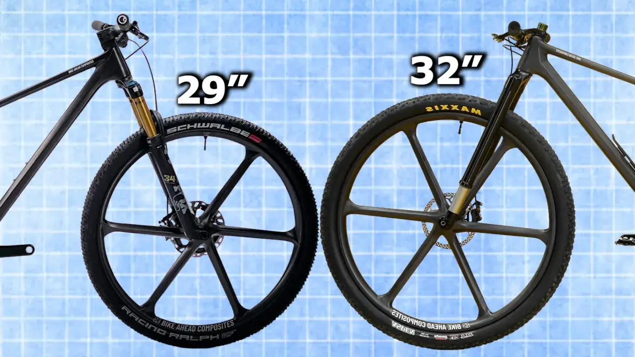 Two carbon fiber mountain bikes are shown side-by-side, highlighting the difference between a 29er bike and a larger wheel size.