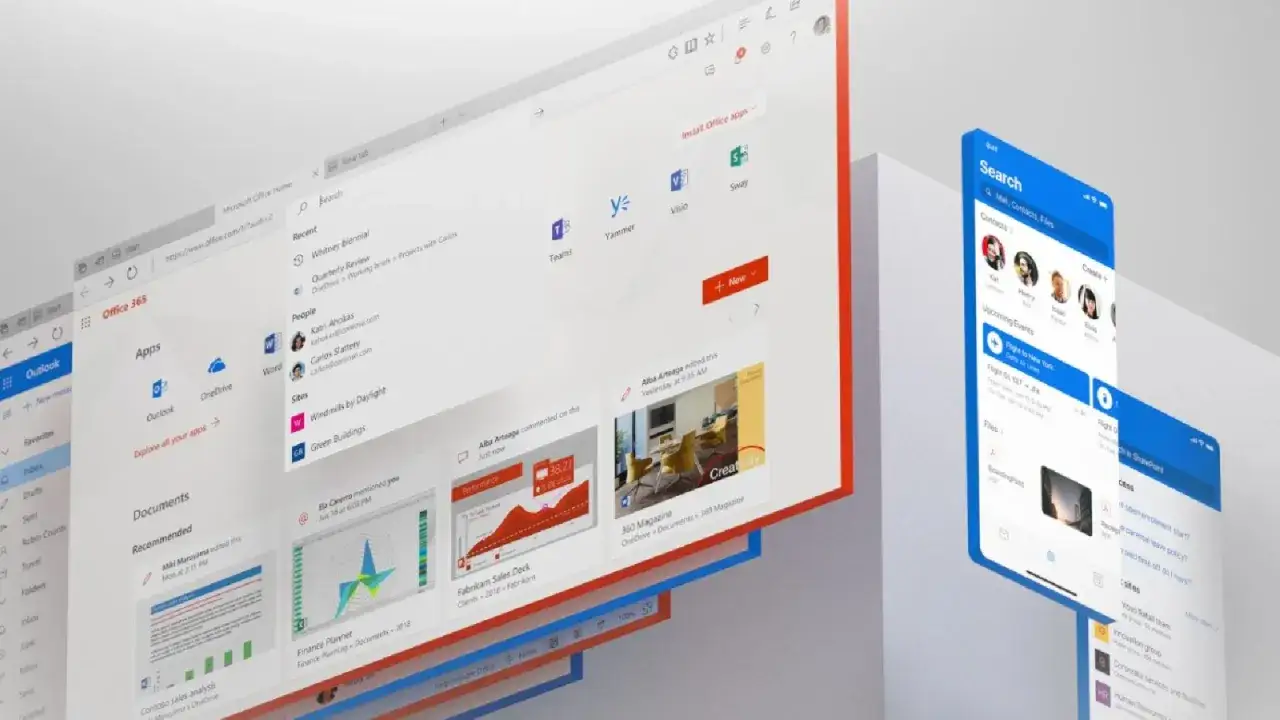 Office 2019 Support Ende: Microsoft 365-Oberfläche mit Apps wie Outlook, Word und OneDrive. Ein Smartphone zeigt die Suche.