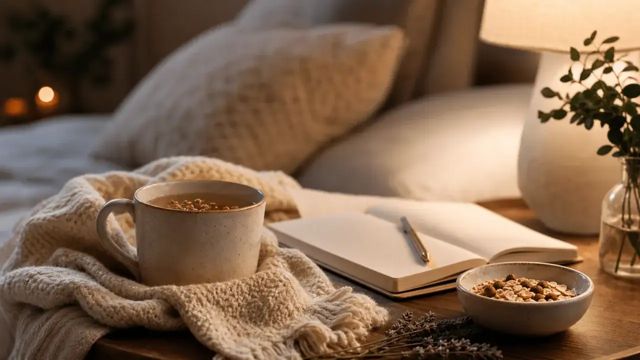 Gemütliche Tasse Tee, Müsli und ein Buch laden zum Entspannen ein. Perfekt für einen guten Schlaf.