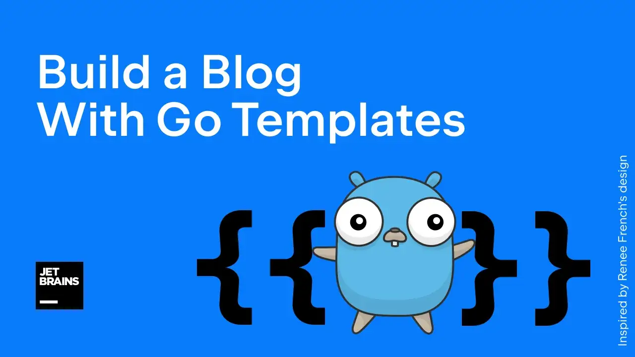 Un adorable personnage bleu, inspiré par le logo Go, est entouré d'accolades, symbolisant la création d'un blog avec Go Templates.