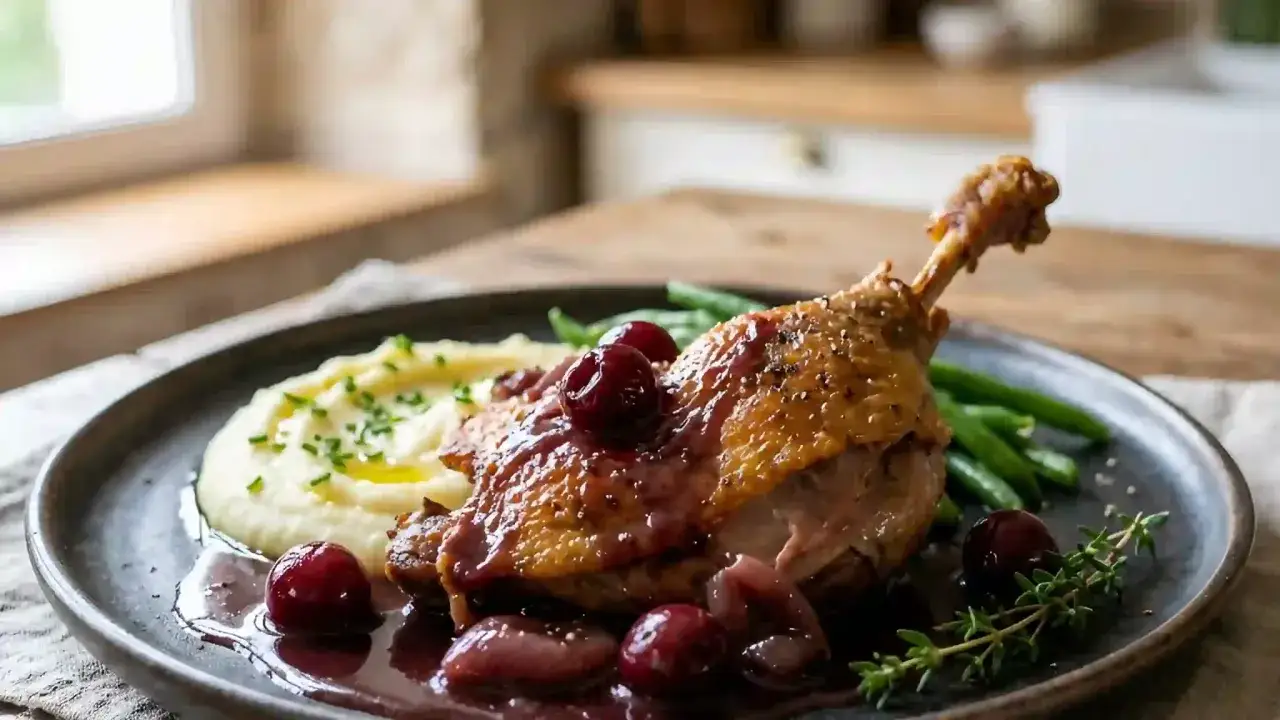 Délicieuse cuisse de canard confite, nappée d'une sauce aux cerises, servie avec une purée onctueuse et des haricots verts. Un plat savoureux.