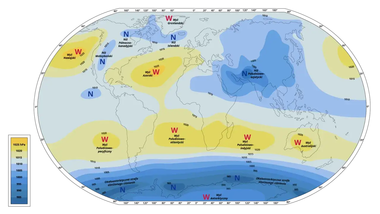 Mapa pogody pokazuje rozkład ciśnienia atmosferycznego w hektopaskalach (hPa). Widać wyże (W) i niże (N) nad oceanami i lądami.