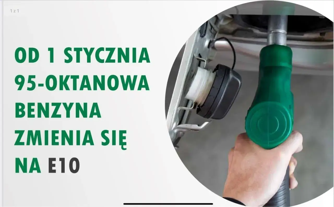 Od 1 stycznia 95-oktanowa benzyna zmienia się na E10. Tankowanie z zielonym pistoletem.