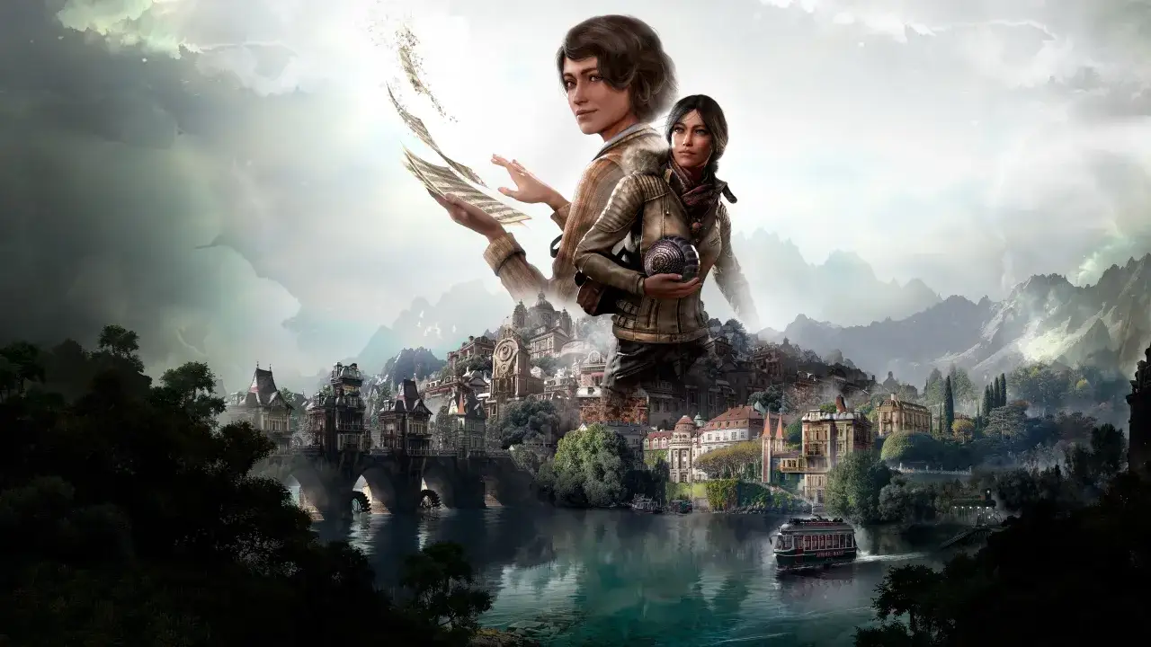 Dwie kobiety unoszą się nad miastem z gry Syberia: The World Before. Jedna z nich trzyma w dłoniach rozpadające się nuty.