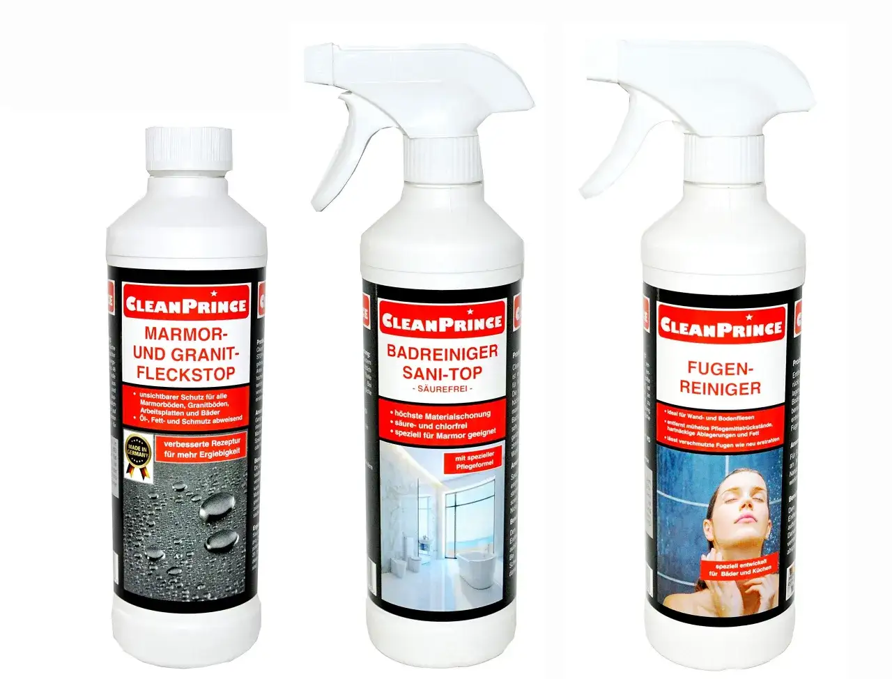 Trois bouteilles de produits de nettoyage Clean Prince. L'une est un stop-taches pour marbre et granit, une autre un nettoyant salle de bain, et la troisième un nettoyant pour joints. Le vinaigre blanc sur pierre naturelle est un remède maison, mais ce...