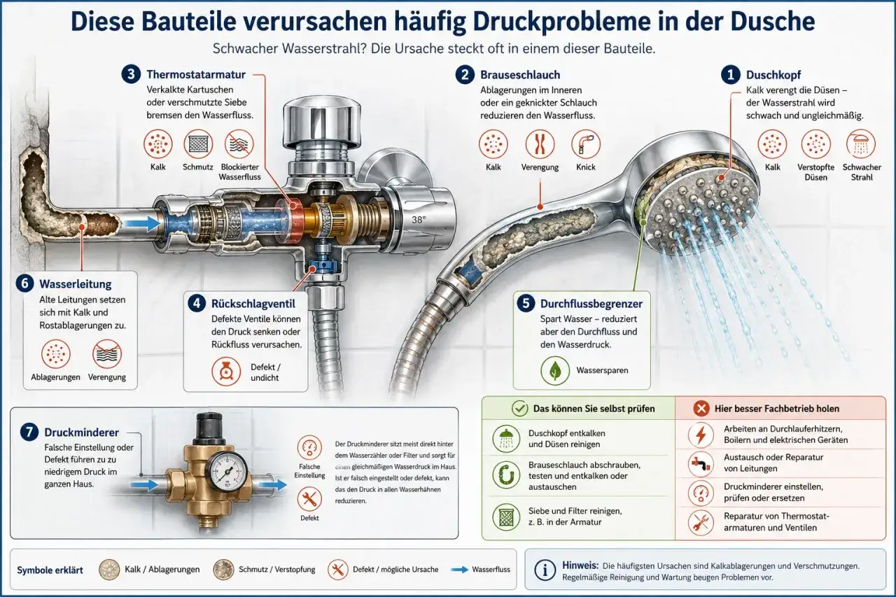Kalkablagerungen im Duschkopf oder Brauseschlauch können den Wasserfluss so stark reduzieren, dass der durchlauferhitzer nur lauwarm liefert.