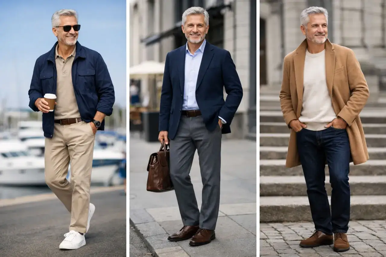 Trois hommes &eacute;l&eacute;gants. L'un porte une veste camel, un pull cr&egrave;me et un jean.