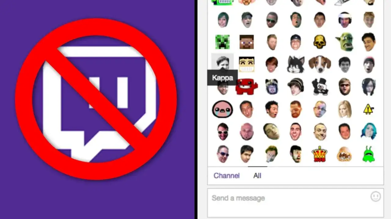 Verbotenes Twitch-Logo neben vielen Emotes, darunter 