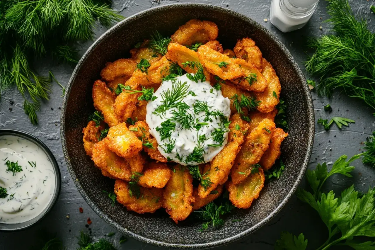 Knusprig frittierte Gurkenscheiben, **fried pickles**, serviert mit einem cremigen Dip und frischem Dill.
