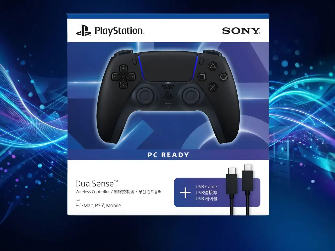 Czarny kontroler DualSense z niebieskimi akcentami, gotowy na premierę PS5. W zestawie kabel USB.