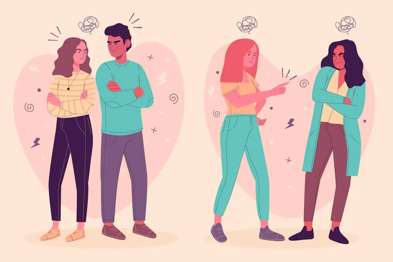 Parejas discutiendo, con gestos de enfado y nubes de tormenta sobre sus cabezas. Una escena que ilustra una **relaci&oacute;n t&oacute;xica**.