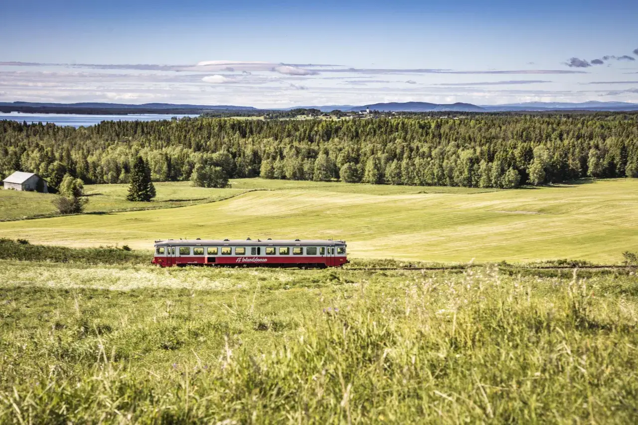 Ein roter swedish train f&auml;hrt durch eine gr&uuml;ne Landschaft mit W&auml;ldern und Feldern.