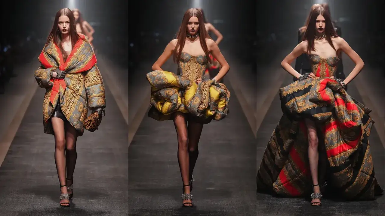 Modelle sfilano con abiti voluminosi e imbottiti, ispirati alla ricca versace storia, con stampe barocche e animalier.