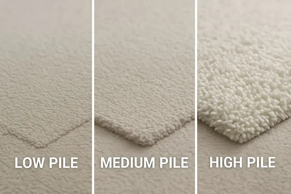Three carpet textures: low pile, medium pile, and high pile, showcasing the difference in fiber length and density.