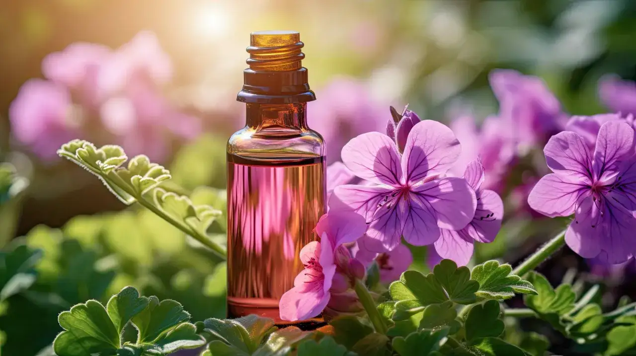A small amber bottle of pink geranium essential oil sits amongst vibrant pink geranium flowers and green leaves, hinting at its spiritual benefits.