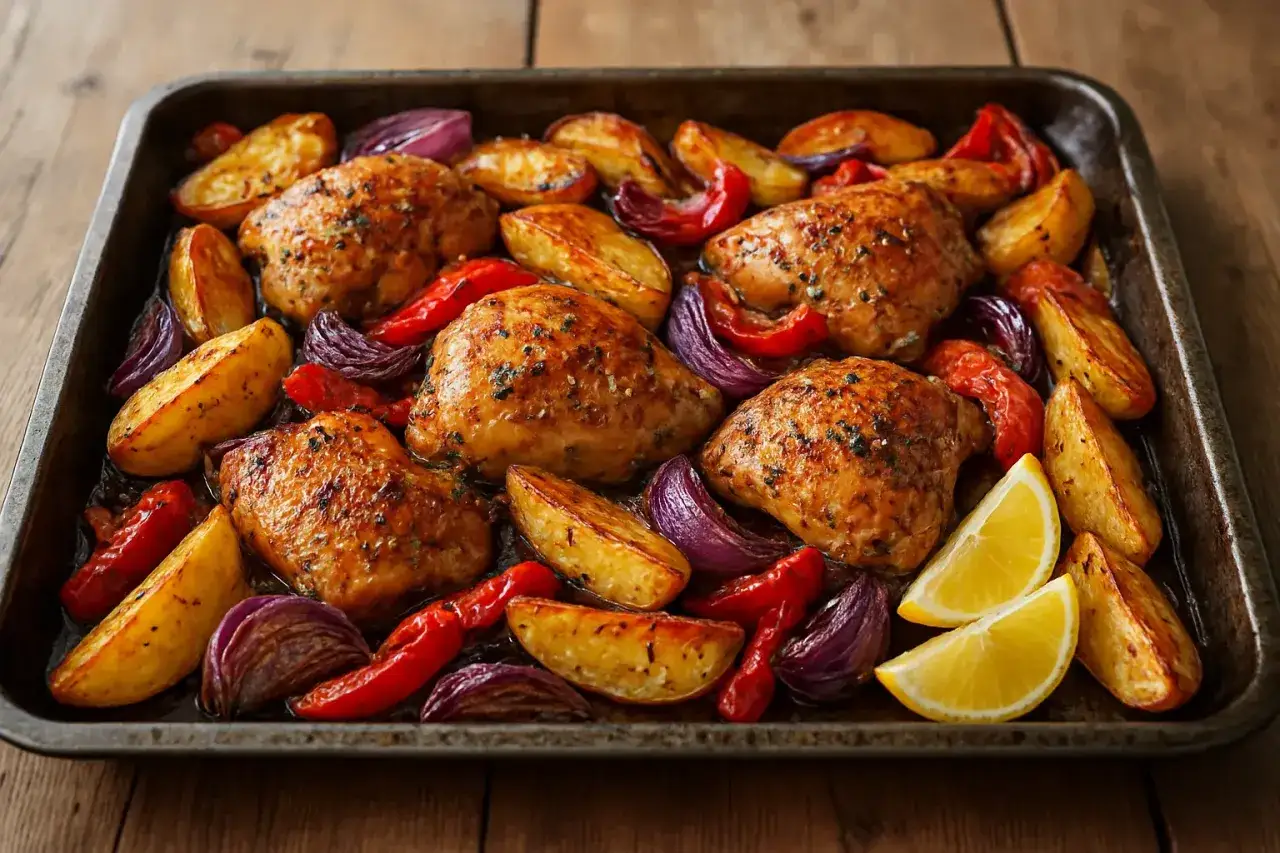 En härlig kyckling i ugn med rostade potatisklyftor, rödlök och paprika. Citronklyftor ger en frisk touch.