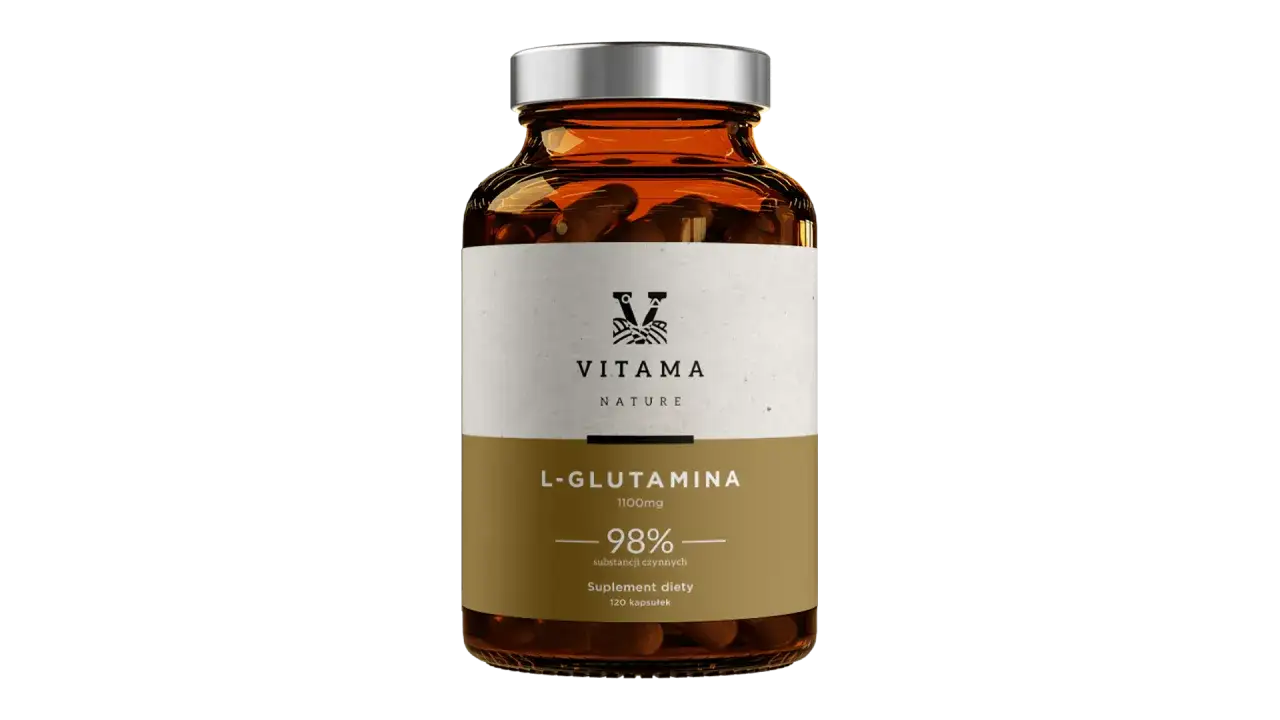 Szklana butelka z kapsułkami L-Glutaminy od Vitama Nature. Suplement diety, 120 kapsułek.