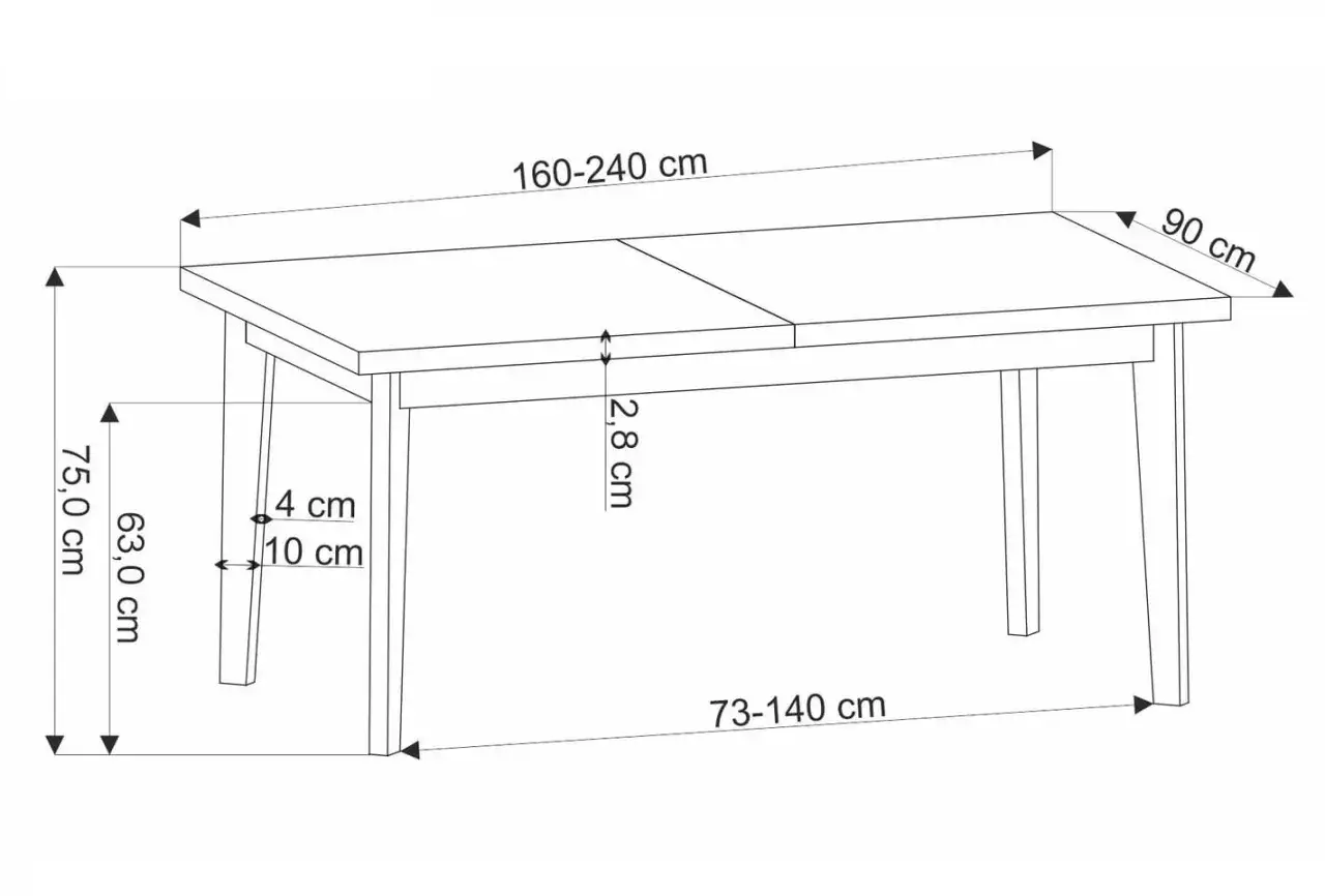 Schematyczny rysunek stołu z widocznymi wymiarami: długość 160-240 cm, szerokość 90 cm, wysokość 75 cm. Grubość blatu 2,8 cm.