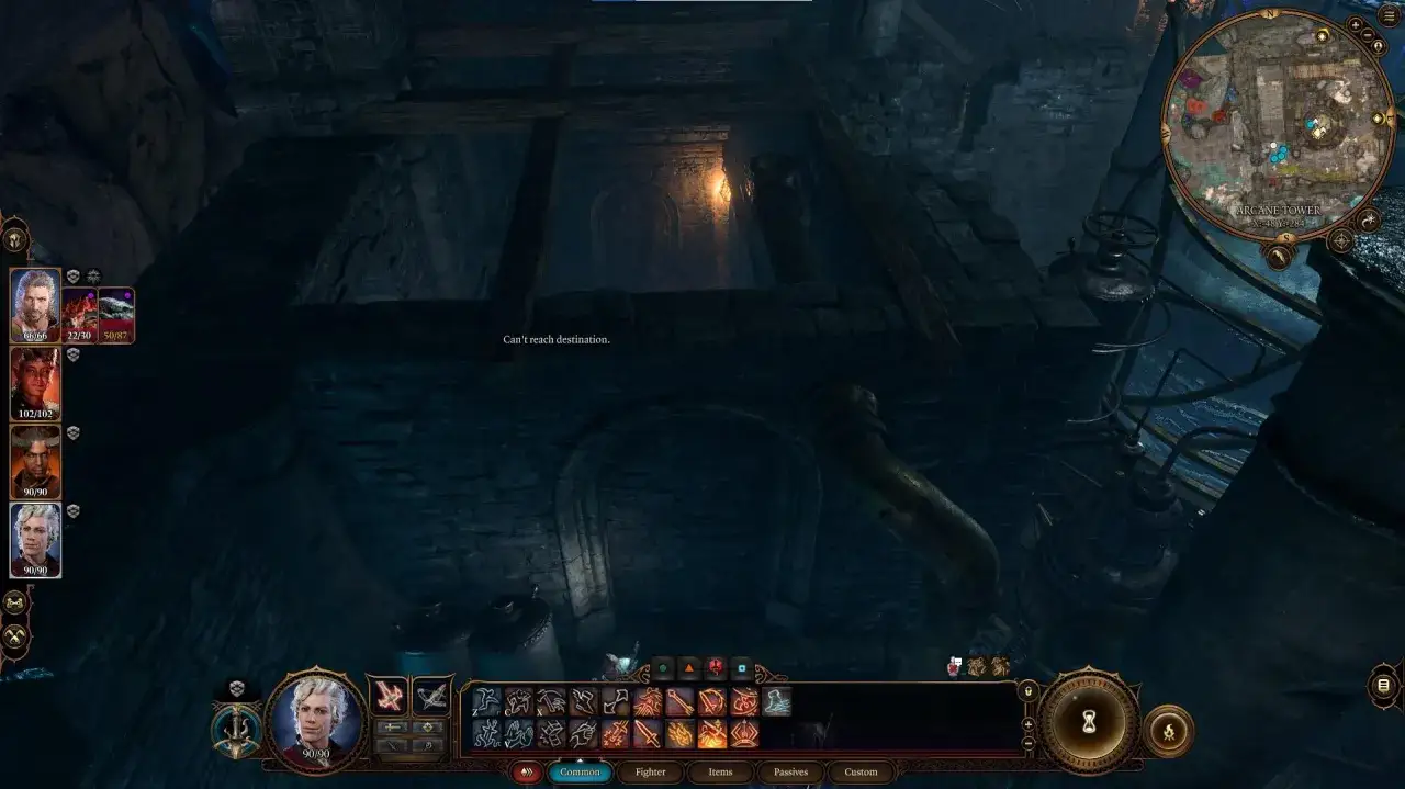 Explorando la torre arcana BG3, un personaje no puede alcanzar su destino entre tuber&iacute;as y ruinas.