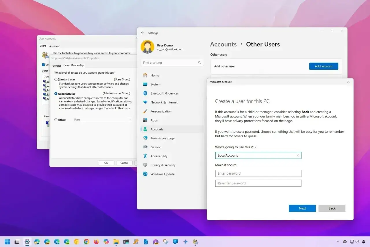 Instalacja Windows 11 bez internetu: tworzenie konta lokalnego. Użytkownik wybiera opcję 