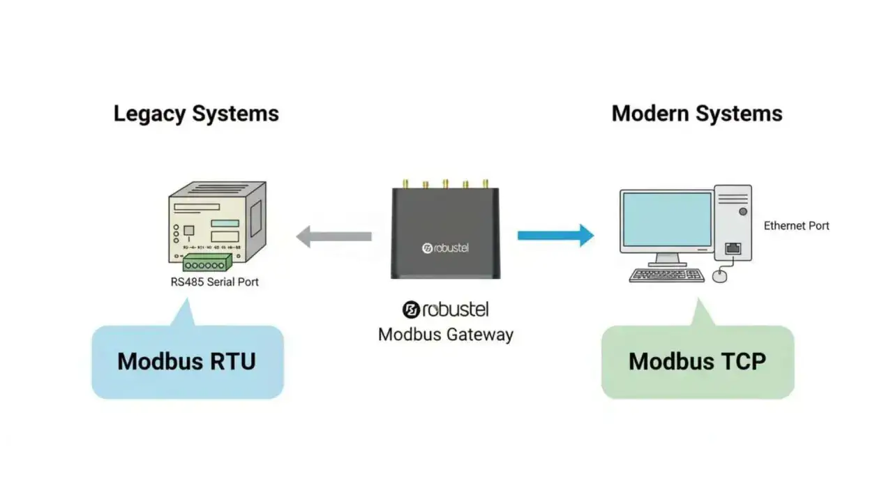 Schemat przedstawia przejście z systemów starszych (Legacy Systems) z protokołem Modbus RTU na nowsze (Modern Systems) z Modbus TCP, wykorzystując bramkę Modbus Gateway.