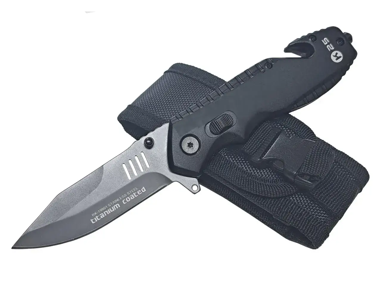 Navaja K25 con funda t&aacute;ctica. Hoja de acero inoxidable con recubrimiento de titanio, lista para cualquier aventura.