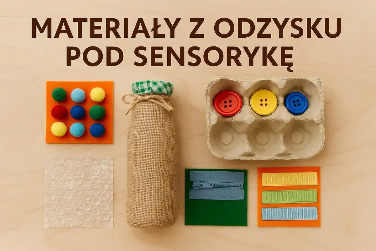 Materiały z odzysku do stworzenia zabawki sensorycznej: pompony, guziki, suwak, wstążki i folia bąbelkowa.