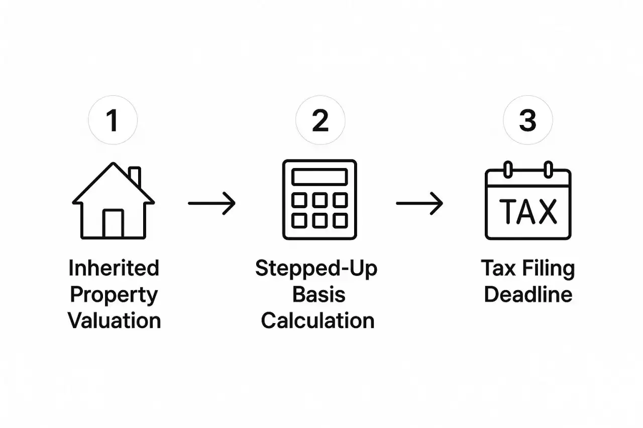 Flowchart showing steps for inherited property: 1. Valuation, 2. Stepped-Up Basis Calculation, 3. Tax Filing Deadline.