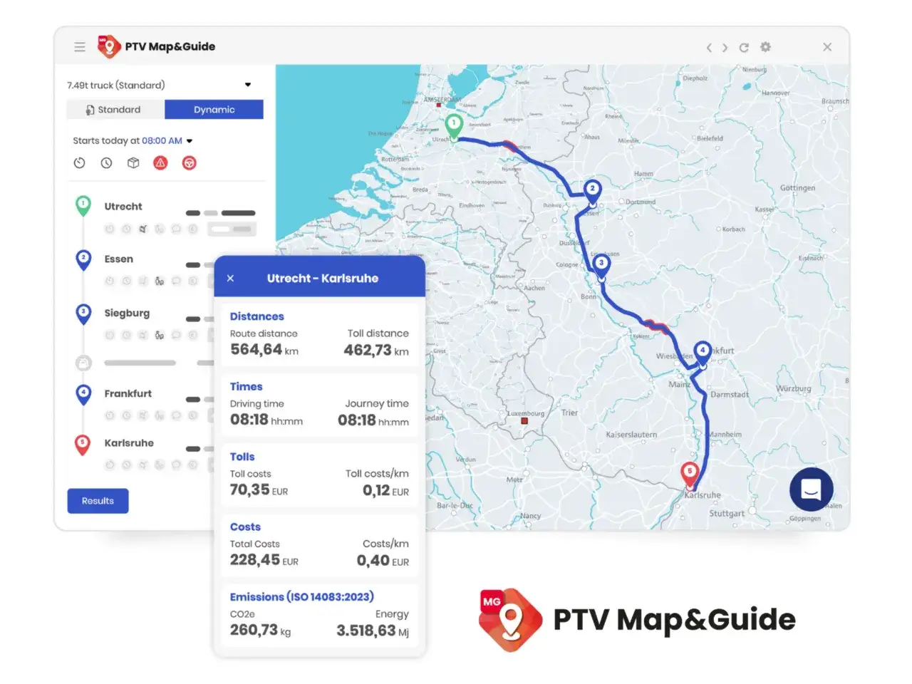 Software f&uuml;r Tourenplanung und Logistik zeigt eine LKW-Route von Utrecht nach Karlsruhe mit Details zu Distanz, Zeit, Kosten und Emissionen.