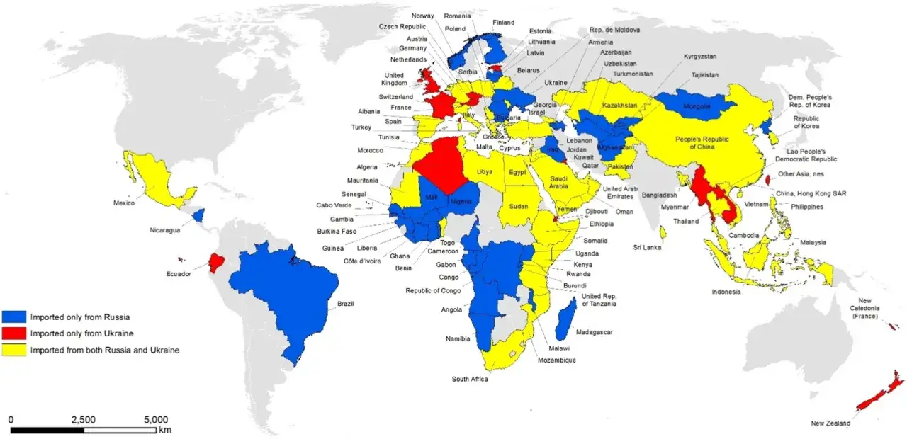 Carte mondiale montrant les importations de blé. La production de blé ukrainienne est un facteur clé pour de nombreux pays.