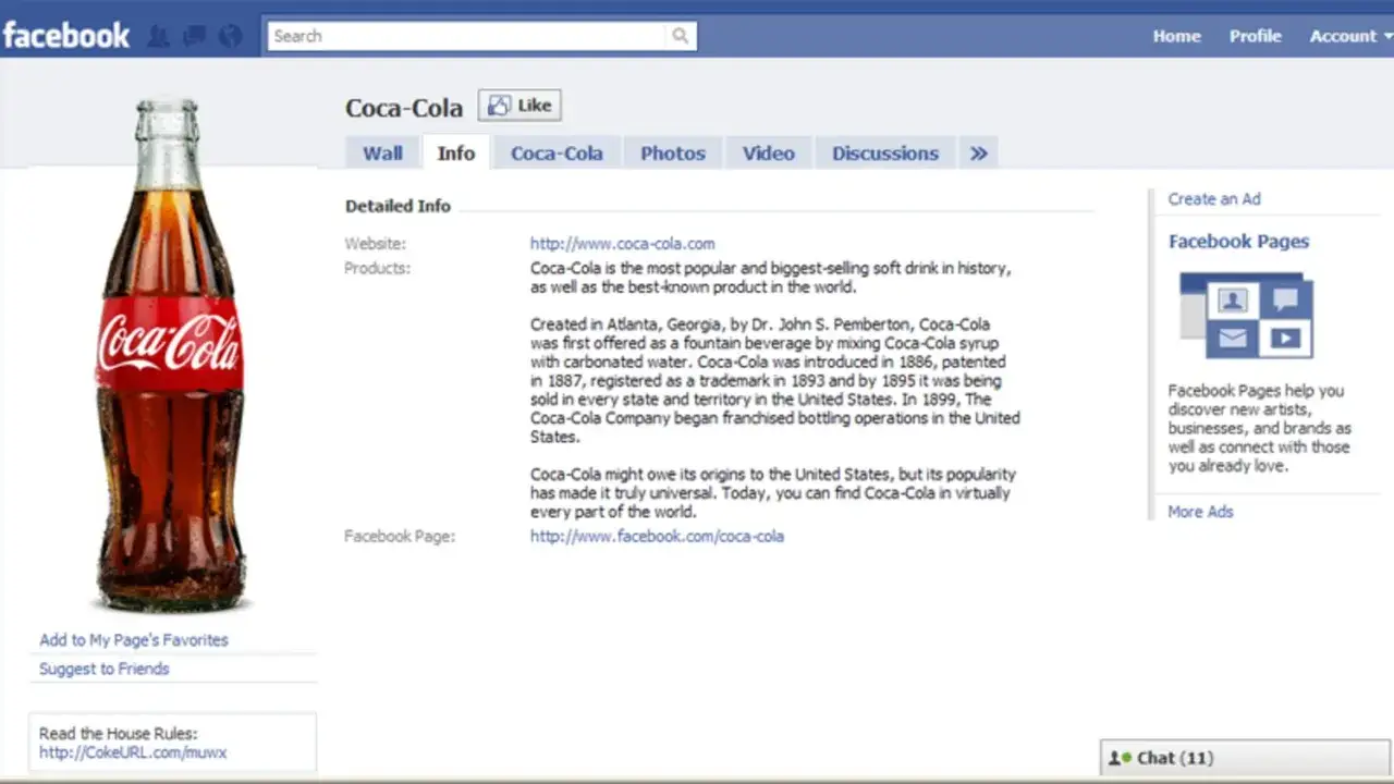 Strona Coca-Cola na Facebooku. Dowiedz się, jak znaleźć fanpage na Facebooku, przeglądając informacje o marce.