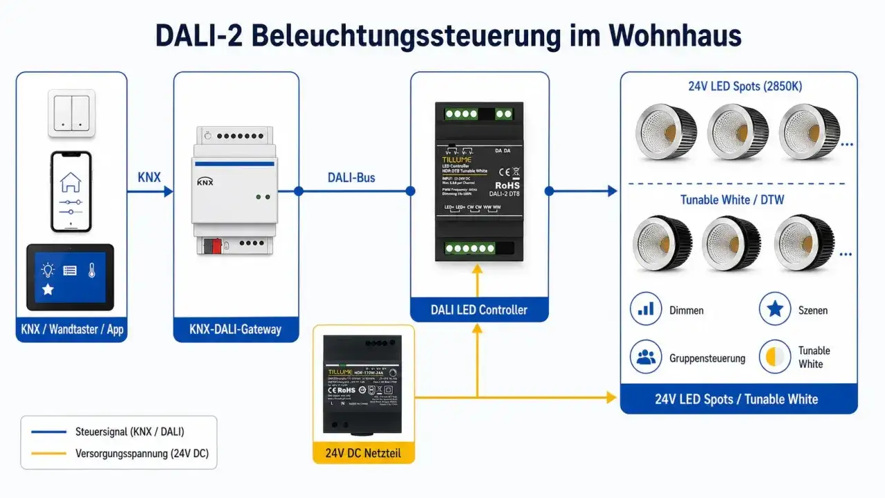 Schema einer DALI-2 Beleuchtungssteuerung im Wohnhaus mit KNX-Gateway, DALI-Controller und 24V LED Spots.