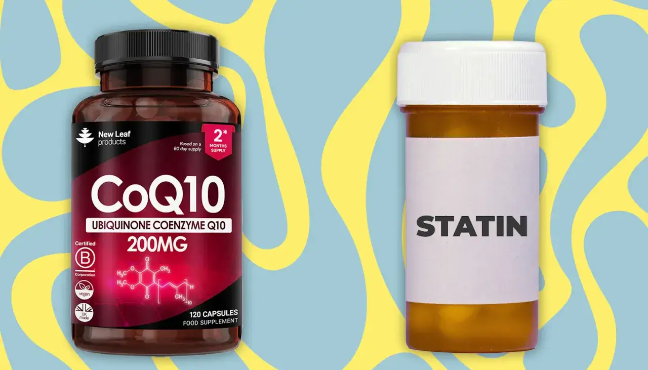 Dwie butelki suplementów: jedna z CoQ10 (ubichinon), druga z napisem STATIN.