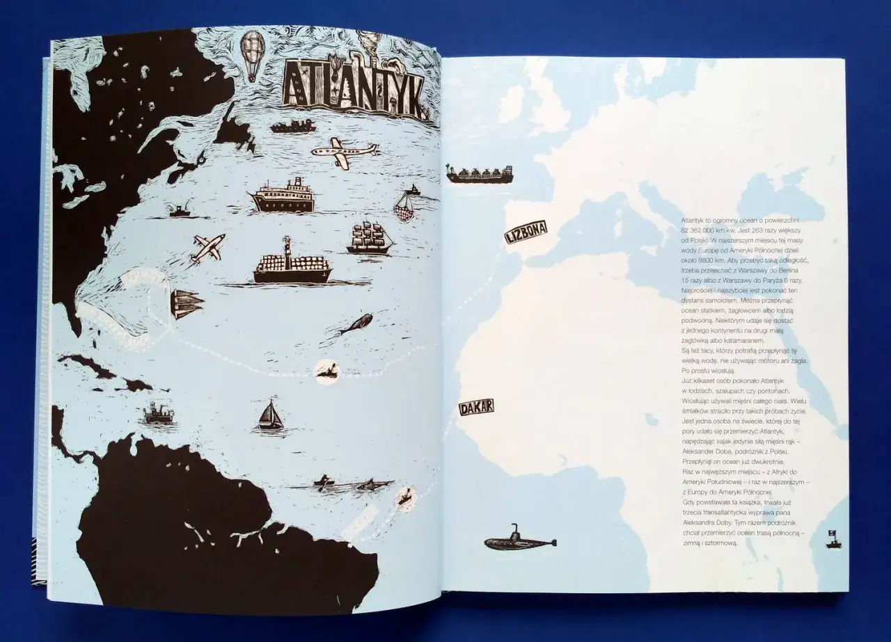 Mapa Atlantyku z trasami podróży: statki, samoloty, żaglówki, łodzie podwodne. Aleksander Doba przepłynął ocean dwukrotnie.