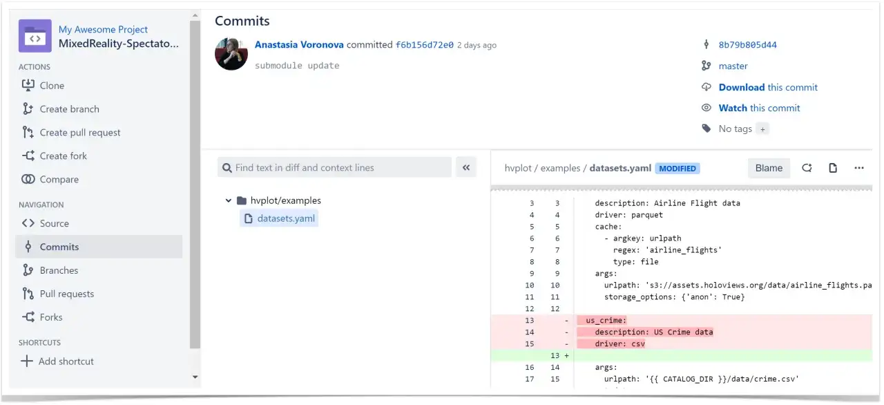 Widok repozytorium Bitbucket: lista commit&oacute;w, szczeg&oacute;ły pliku datasets.yaml z zaznaczonymi zmianami.