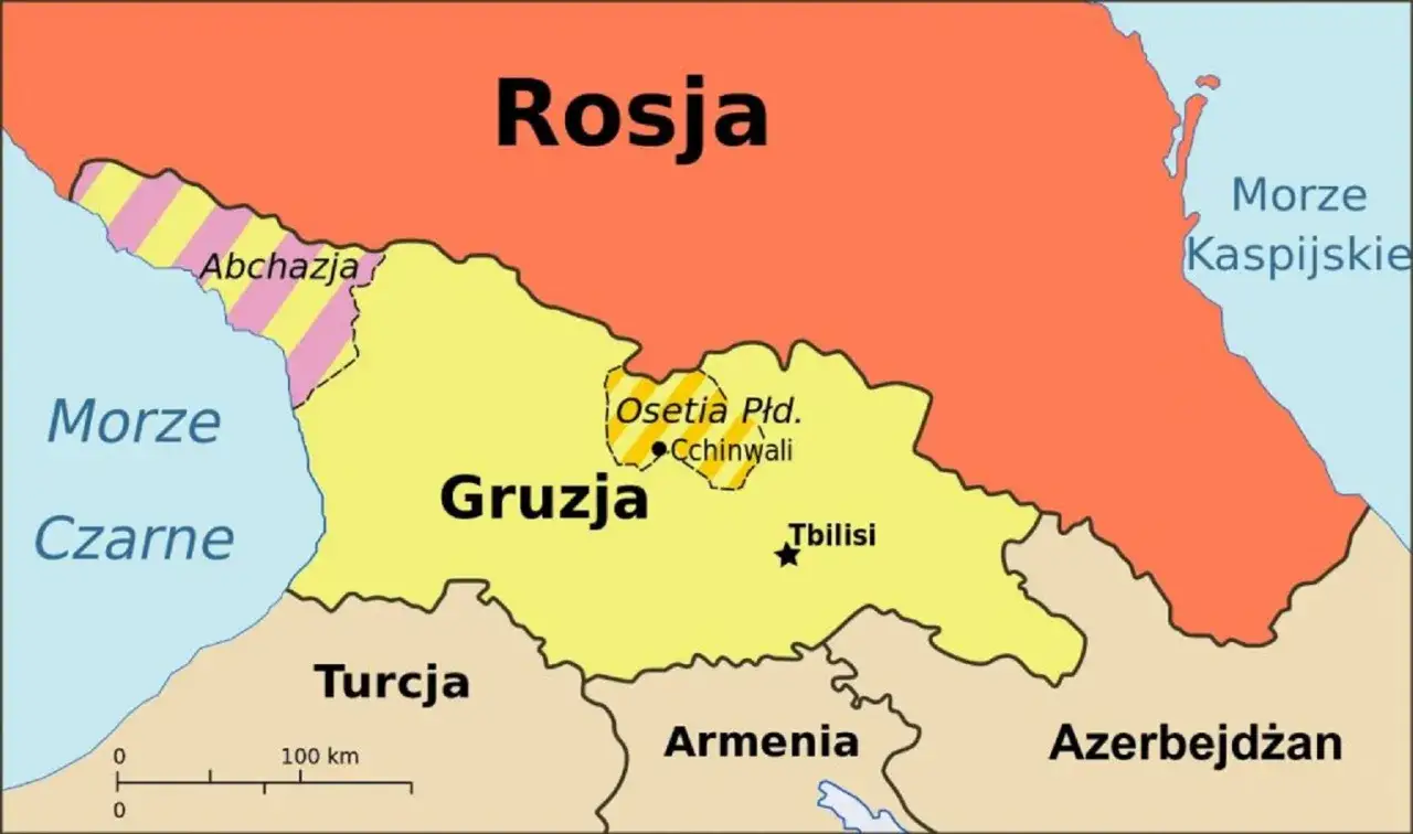 Mapa Kaukazu z zaznaczoną Abchazją, Gruzją, Osetią Południową, Rosją, Turcją, Armenią i Morzem Czarnym.
