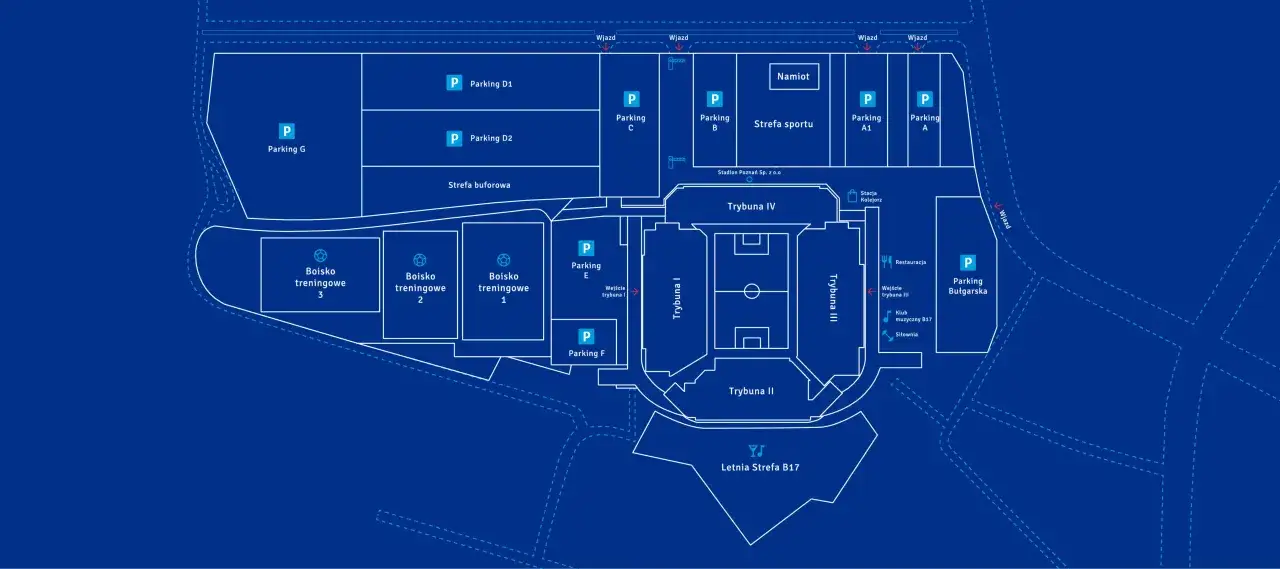 Schemat stadionu Lecha Poznań z boiskami treningowymi, parkingami i trybunami. Określa pojemność stadionu Lecha Poznań.
