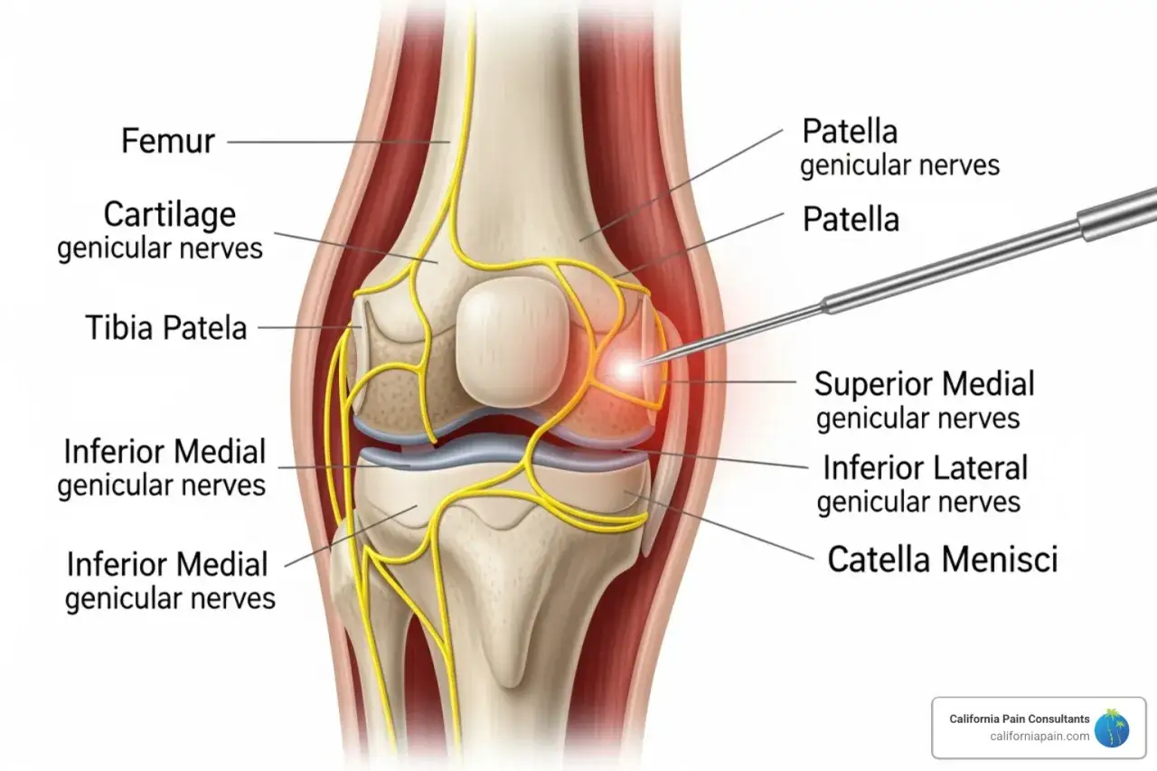 Illustrazione anatomica del ginocchio che mostra i nervi genicolari. Un ago punta verso i nervi, suggerendo un trattamento per il formicolio alle ginocchia.