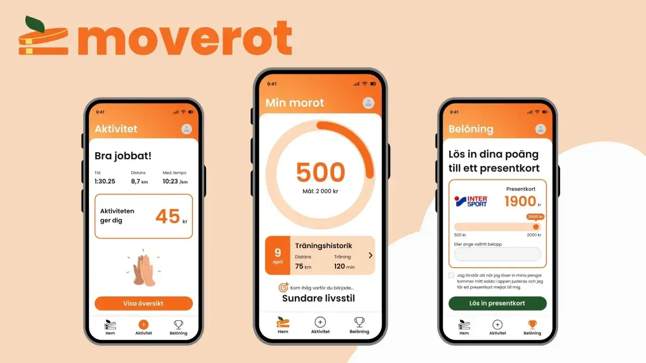 Appen Moverot visar aktivitetsdata och belöningar, perfekt för friskvård online. Få poäng för träning och lös in dem till presentkort.