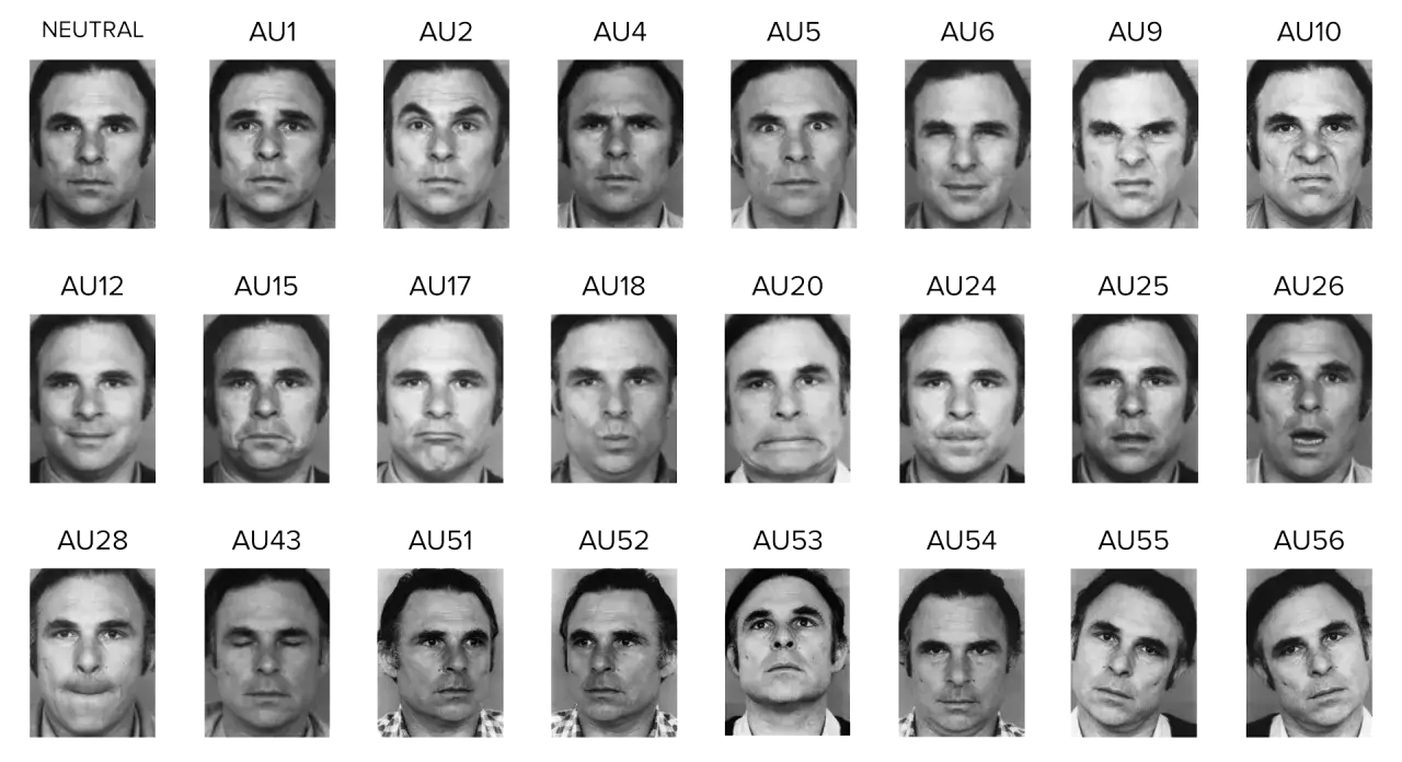 Volti maschili con diverse espressioni facciali, esempi di emozioni. Dalla neutralità alla rabbia, sorpresa e tristezza.