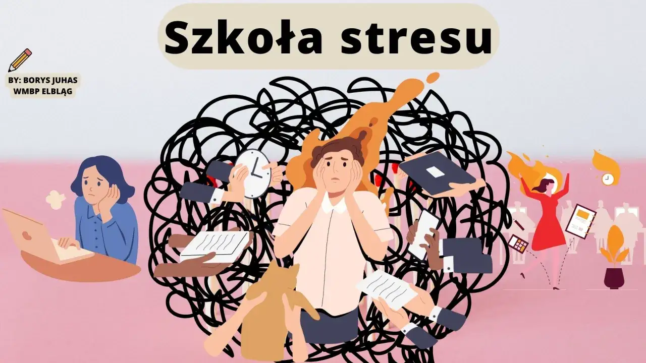 Kobieta w centrum obrazu zmaga się z chaosem i presją, co symbolizuje jej lęk przed pracą. Wokół niej piętrzą się zadania i zegary, a postać po prawej płonie w ogniu stresu.