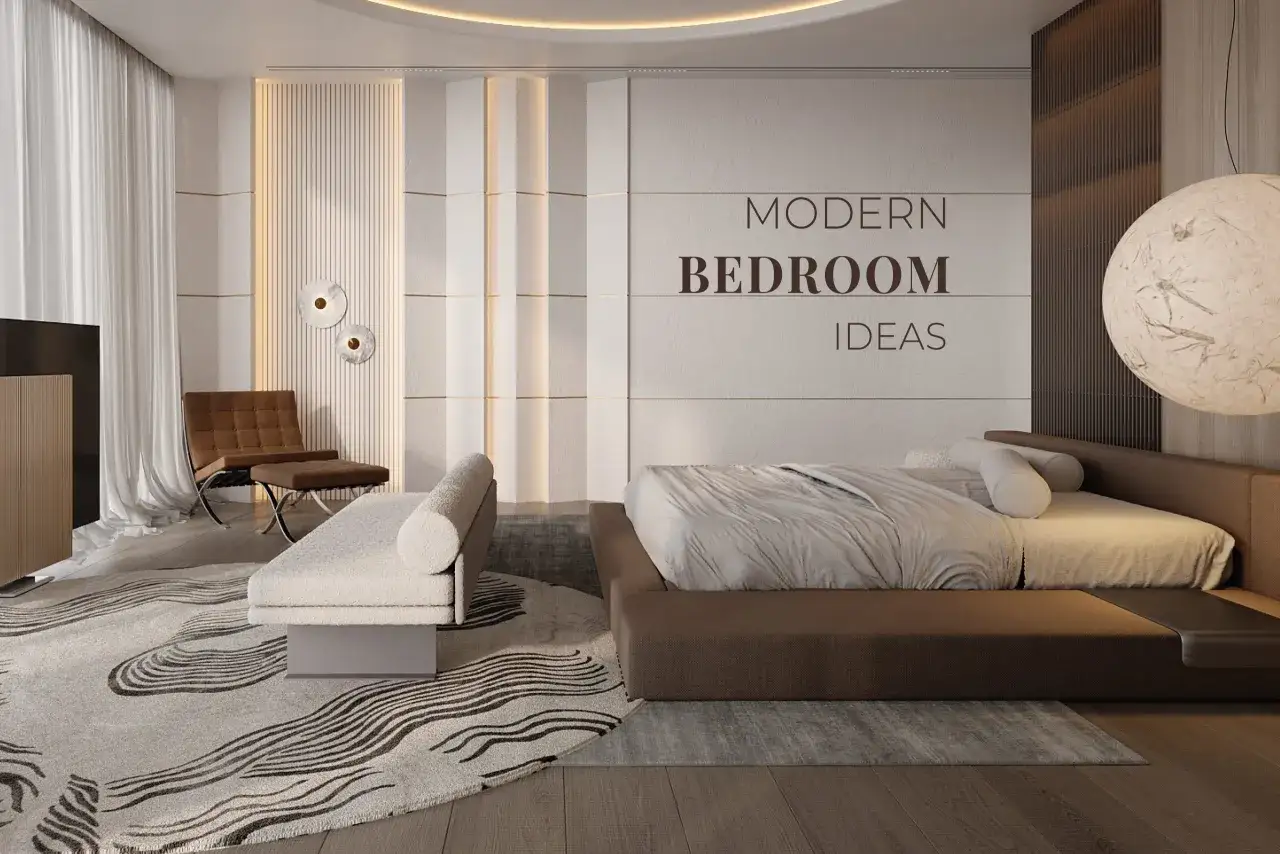 Modernes Schlafzimmer mit gro&szlig;em Bett, Sitzbank, Sessel und Teppich. Ein inspirierender schlafzimmer grundriss.