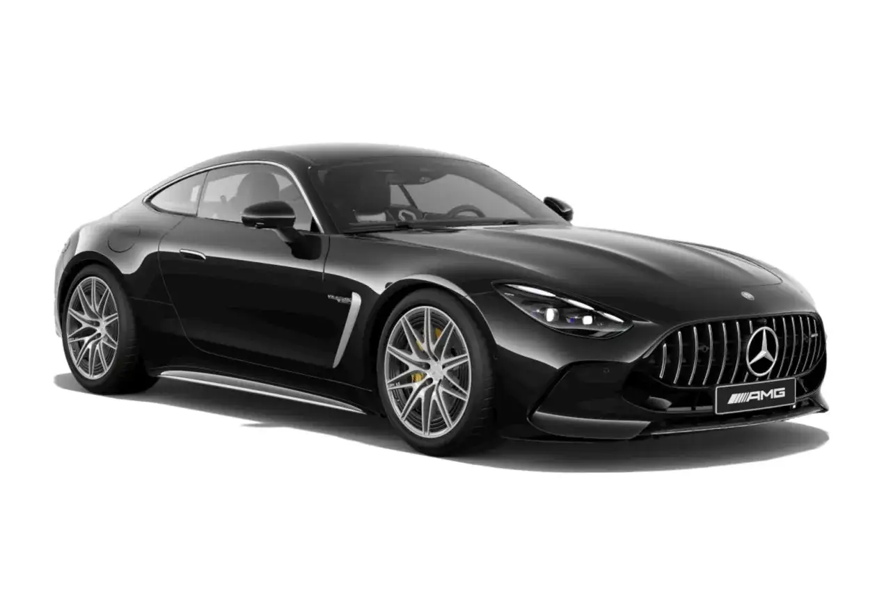 Svart AMG GT-bil med sportiga f&auml;lgar och AMG-logga. En dr&ouml;m f&ouml;r alla bilentusiaster.