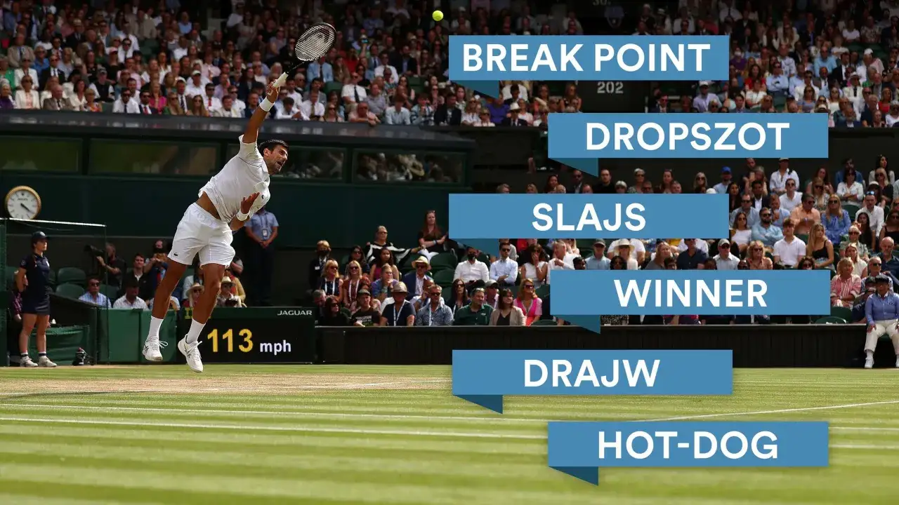 Tenisowa terminologia: break point, dropszot, slajs, winner, drajw, hot-dog. Zawodnik serwuje przy 113 mph.