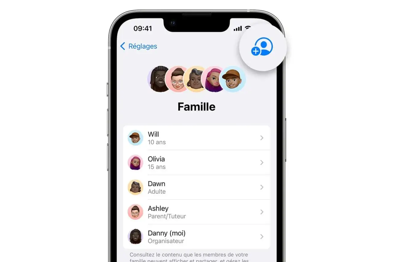 Interface d'un iPhone montrant la fonction Famille, une alternative gratuite &agrave; Family Link pour iPhone.