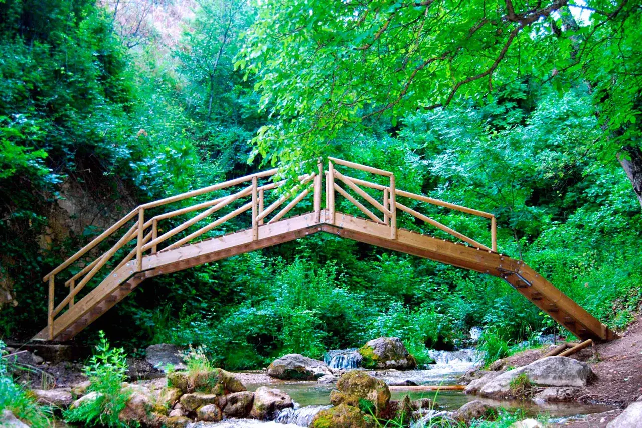 Puente de madera sobre un arroyo en la ruta r&iacute;o cerezuelo, rodeado de exuberante vegetaci&oacute;n verde.