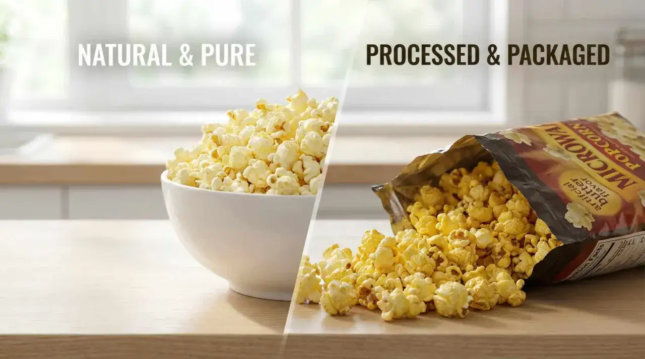 Naturalny popcorn w misce i paczka popcornu z mikrofalówki. Zastanawiasz się nad popcorn kcal?