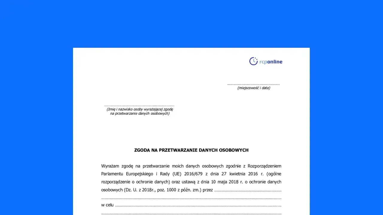 Formularz zgody na przetwarzanie danych osobowych, zgodny z klauzulą RODO. Pole na wpisanie danych i celu przetwarzania.
