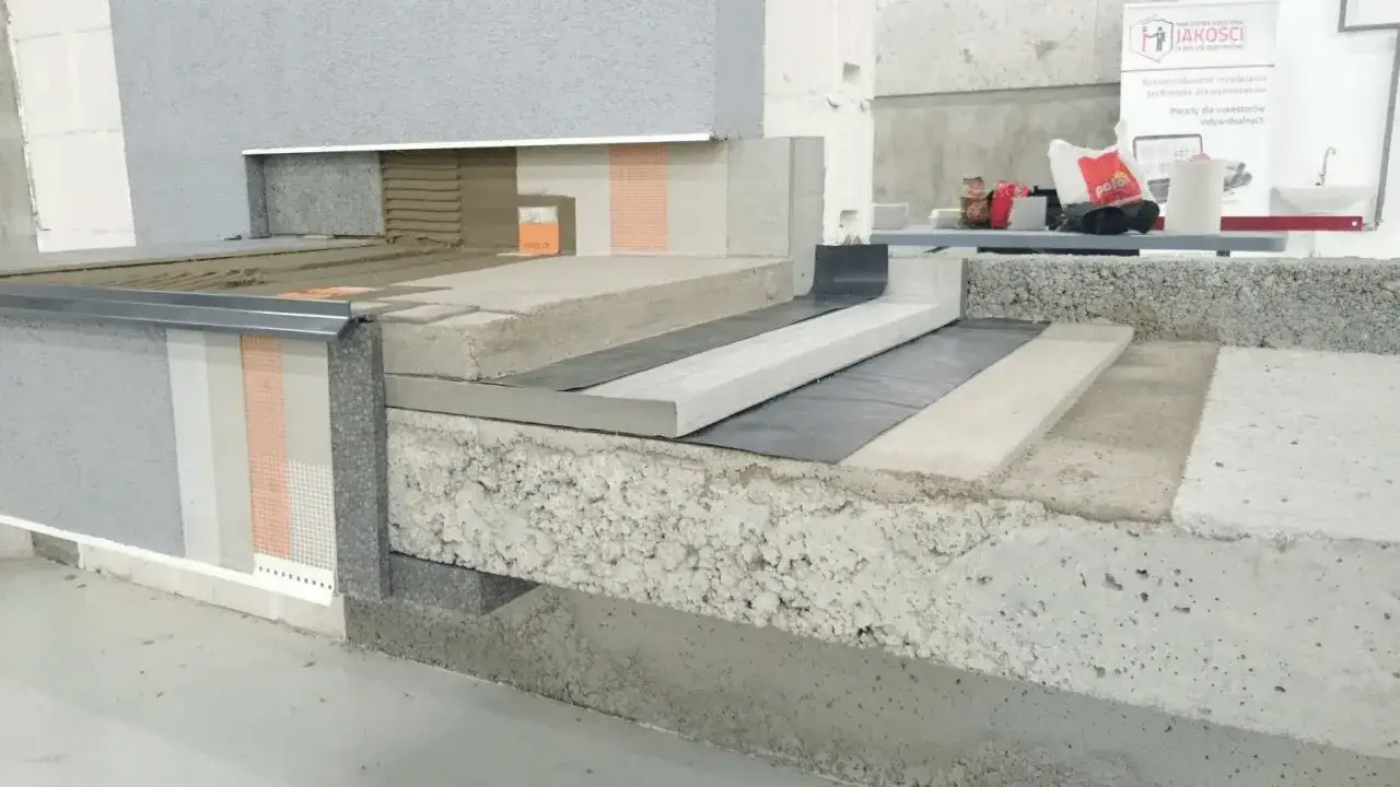 Przekrój przez balkon pokazujący ocieplenie balkonu krok po kroku: izolacja, zbrojenie, warstwy betonu i hydroizolacja.